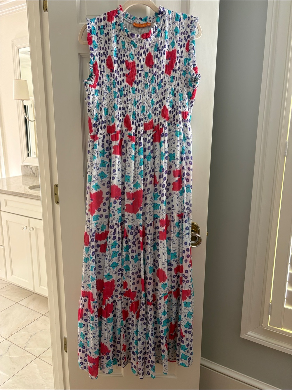 Oliphant Sleeveless Maxi Dress in White with Pink & Teal Floral